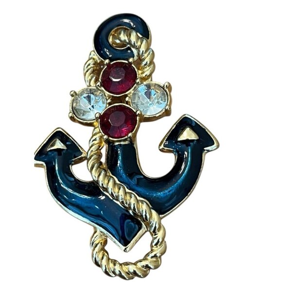 Trifari Navy Anchor Gold Tone Brooch Pin Rope Red White Rhinestones Nautical Pin - Picture 2 of 5